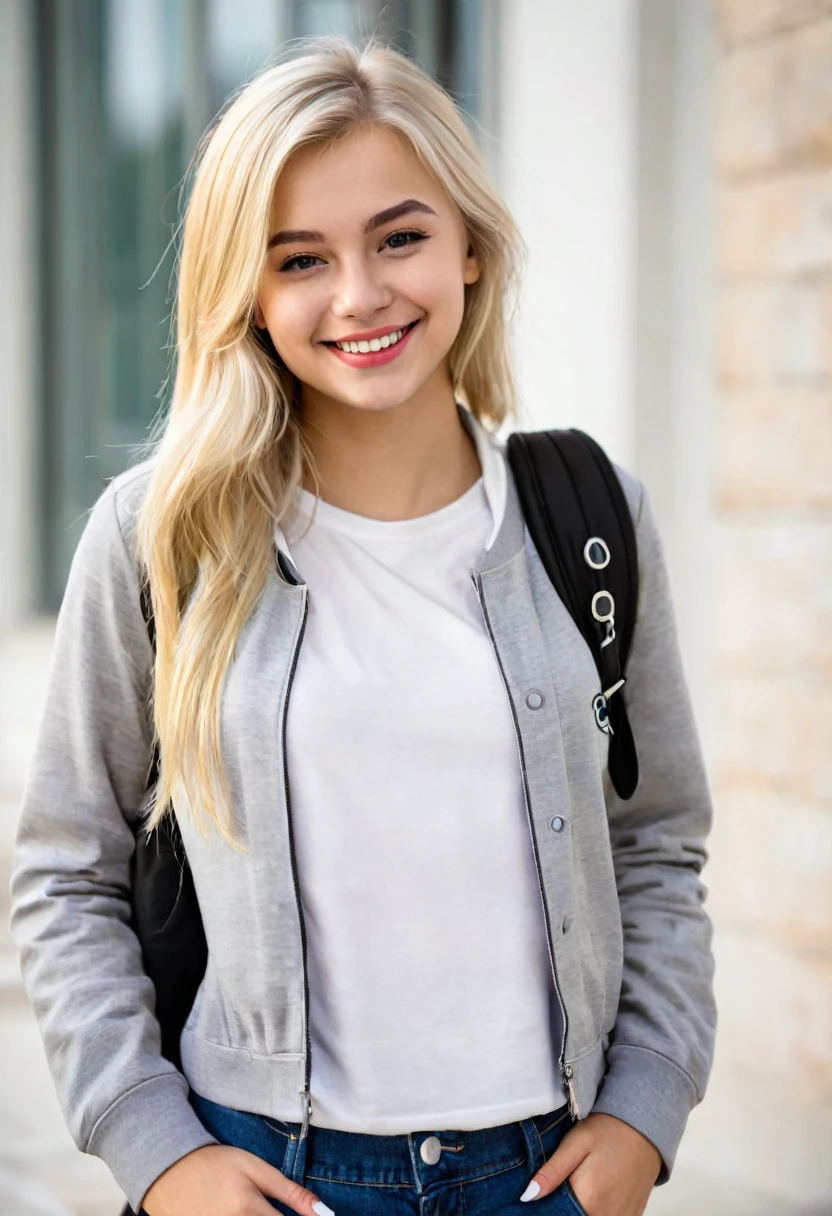 Realistic blonde girl student outfit smirk posing 