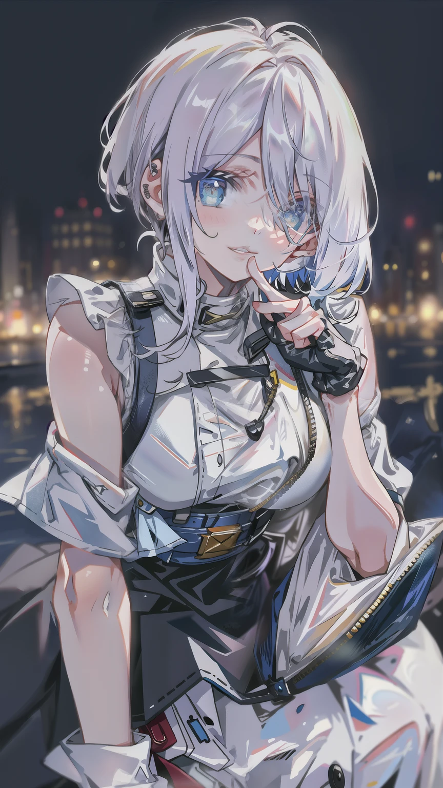 A beautiful white-haired woman, extremely detailed portrait, delicate facial features, piercing eyes, full lips, long eyelashes, porcelain skin, serene expression, flowing white hair, detailed clothing, intricate textile patterns, fantasy style, cinematic lighting, vibrant colors, 8k, best quality, masterpiece, sitting, cute