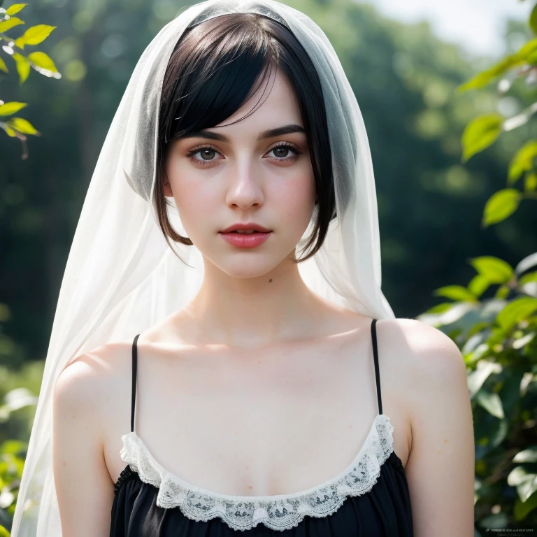 beautiful girl with realistic black eyes, pale skin, mid-length black hair, cum on perfect face, perfect eyes, wearing sheet sundress, highly detailed, comprehensive cinematic, digital painting, 8k, cinematic lighting, best quality, highres, detailed work, post-processing, perfect result, hyper realistic