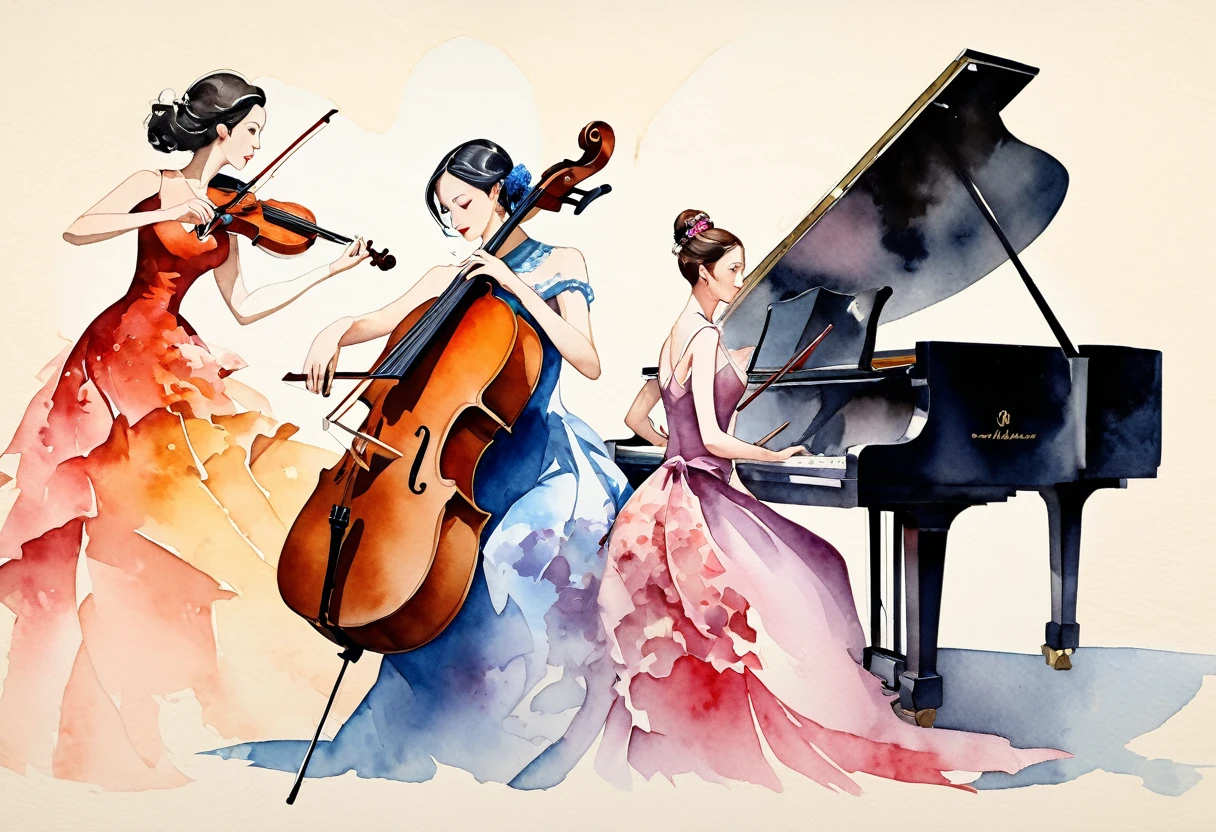watercolor painting, watercolor detailed art, watercolor splash, art, fusion of paper cutting and shadow puppetry, best quality, super fine, 16k, 2.5D, delicate and dynamic depiction, trio, (piano, violin, cello), three beautiful women performer in dresses, portrait, elegant effects, detailed decorated backgrounds, texture of old paper, abstract painting