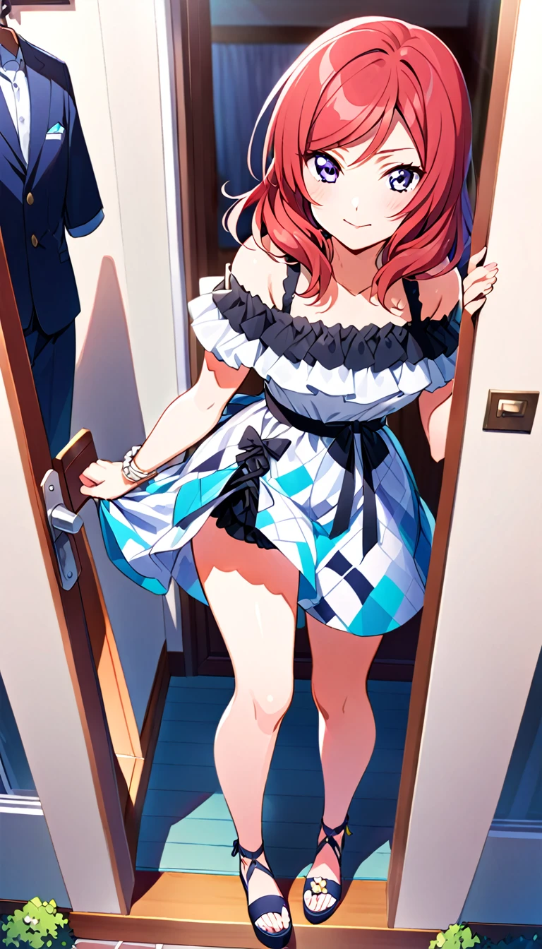 When viewers open the front door to their homes, they see a girl dressed for going out on the town in midsummer, the full-body image of Nishikino Maki, id Nishikino Maki, standing there.