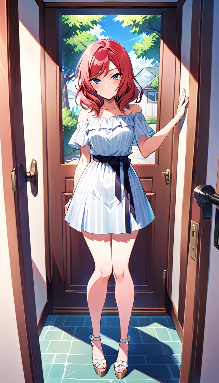 When viewers open the front door to their homes, they see a girl dressed for going out on the town in midsummer, the full-body image of Nishikino Maki, id Nishikino Maki, standing there.
