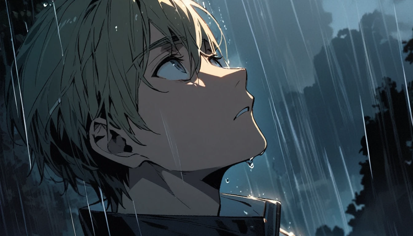 A young man looking sadly up at the sky in the rain