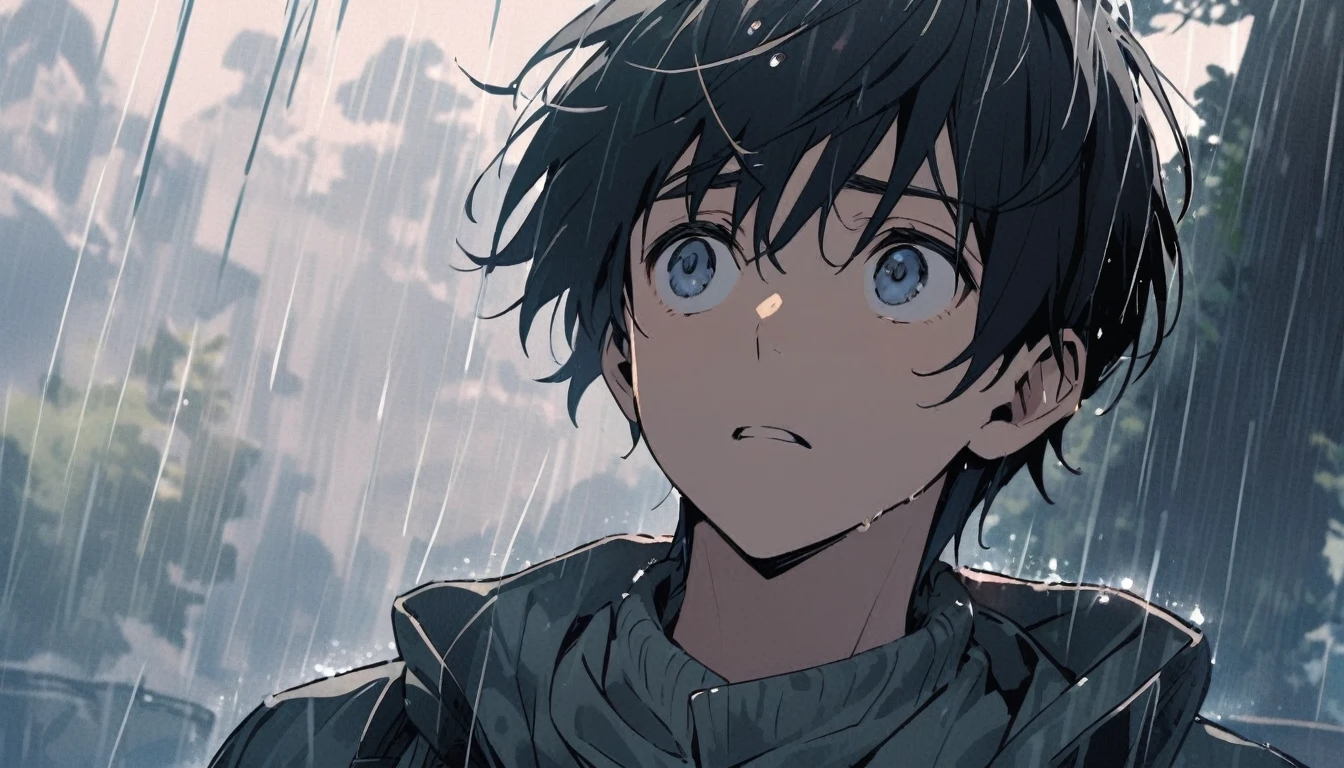 A young man looking sadly up at the sky in the rain
