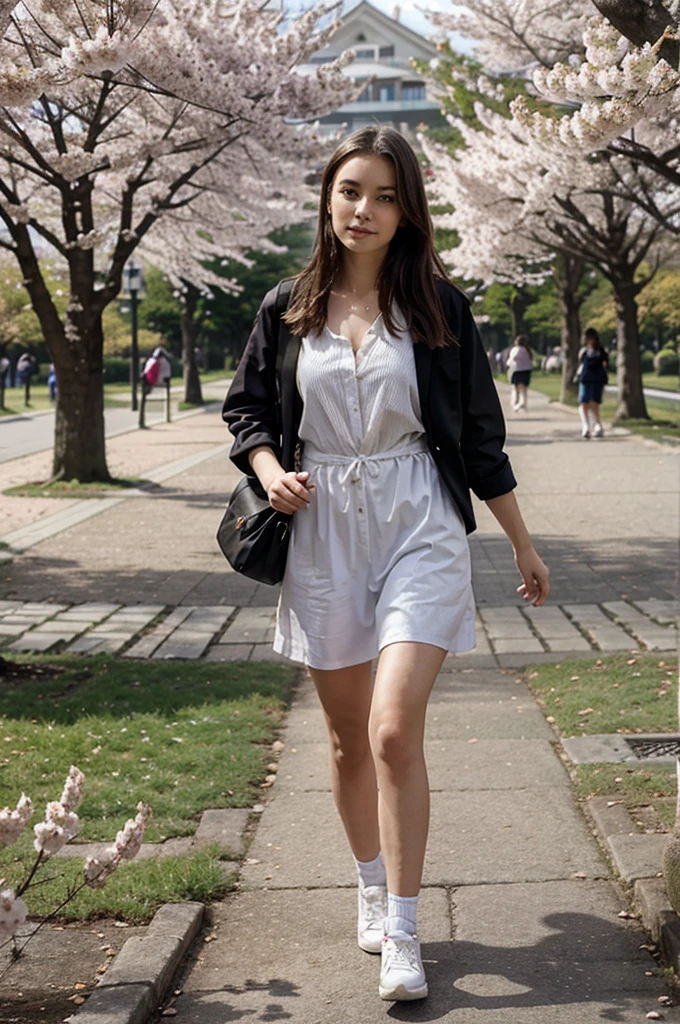 a girl with a Slovenian appearance walks in a park of cherry blossoms