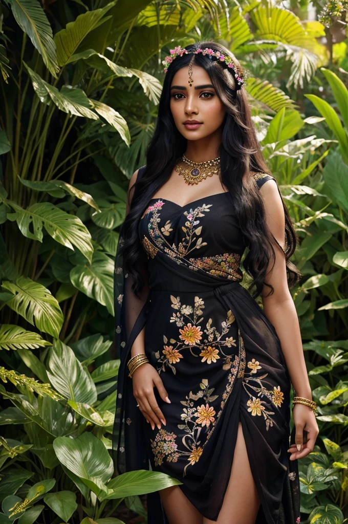 a young indian woman,beautiful detailed eyes,beautiful detailed lips,extremely detailed face,long black hair,short dress,floral pattern dress,intricate jewelry,ornate hair accessories,colorful sari,standing in a lush garden,surrounded by flowers,warm sunlight,glowing skin,soft focus,cinematic lighting,highly detailed,photorealistic,vibrant colors,award winning digital art