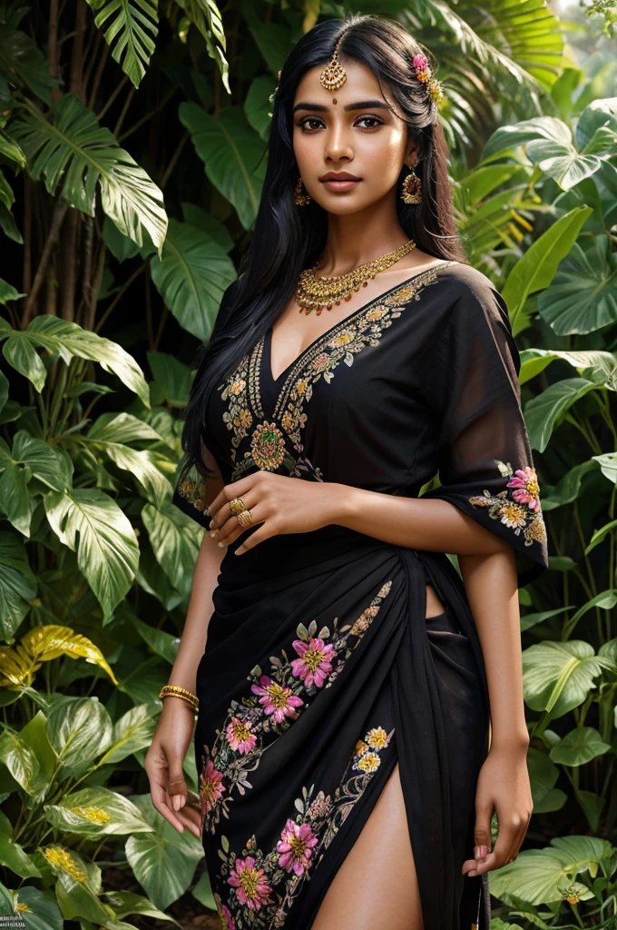 a young indian woman,beautiful detailed eyes,beautiful detailed lips,extremely detailed face,long black hair,short dress,floral pattern dress,intricate jewelry,ornate hair accessories,colorful sari,standing in a lush garden,surrounded by flowers,warm sunlight,glowing skin,soft focus,cinematic lighting,highly detailed,photorealistic,vibrant colors,award winning digital art