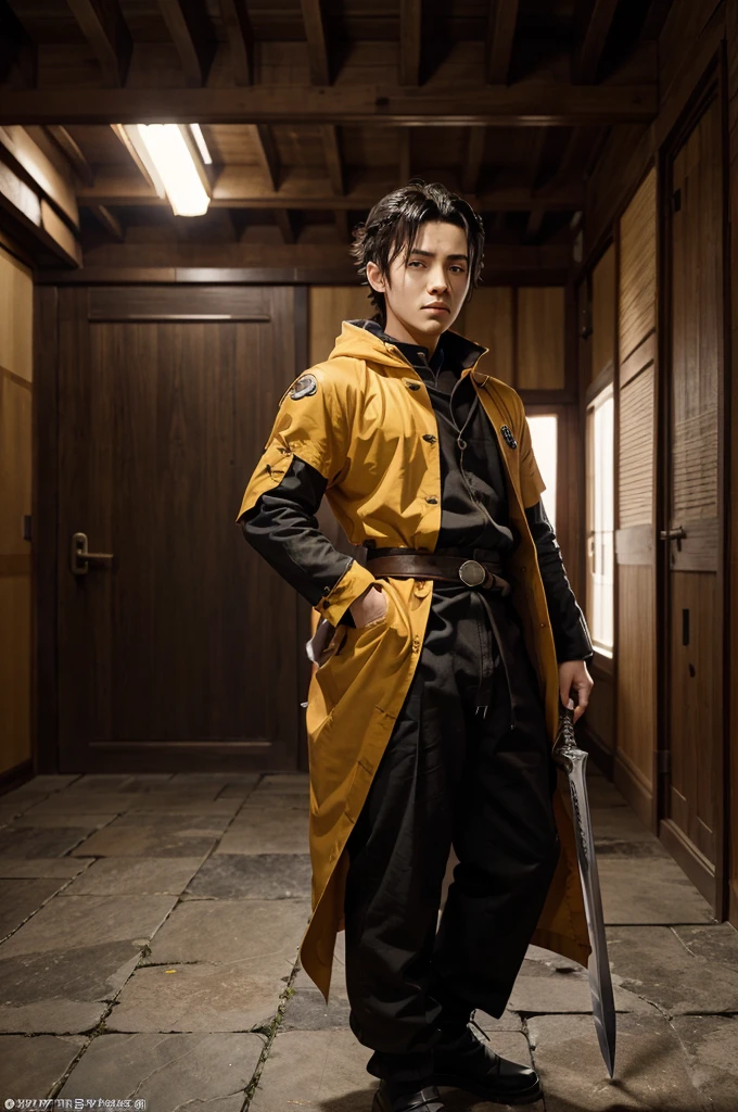 anime character holding a sword falling , falling into a void composed of shoji castle loop doors, he is very focused, with half-closed eyes, devoid of emotions, wearing a yellow cloak with small white triangular parts. demon slayer artstyle, key anime art, handsome guy in demon slayer art, demon slayer rui fanart, key anime visuals, ufotable art style, anime wallaper, unlimited blade works, anime masterpiece, detailed key anime art, kimetsu no yaiba, official art, high quality fanart, realistic boy