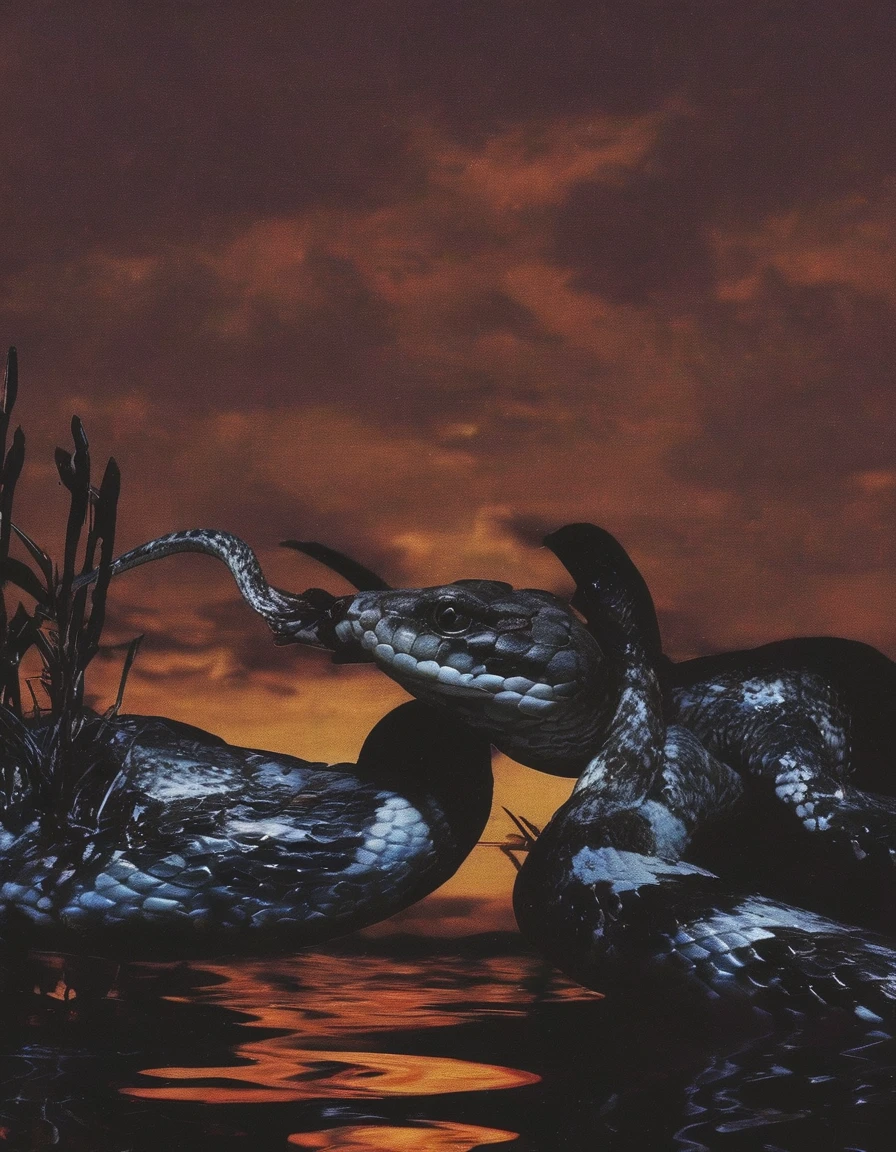 snakes in water, sunset background