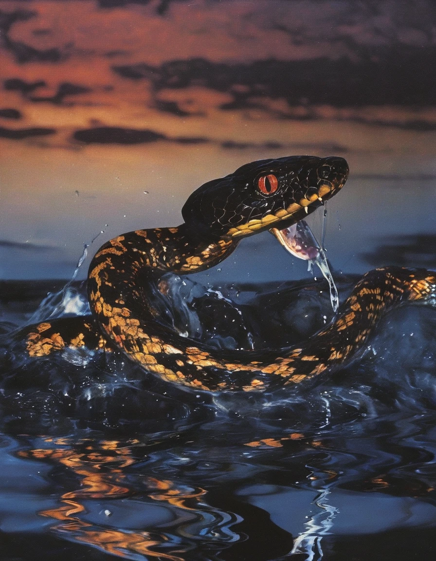 snakes in water, sunset background