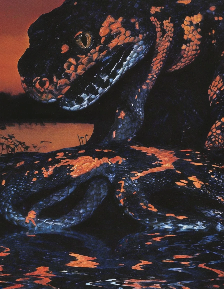 snakes in water, sunset background
