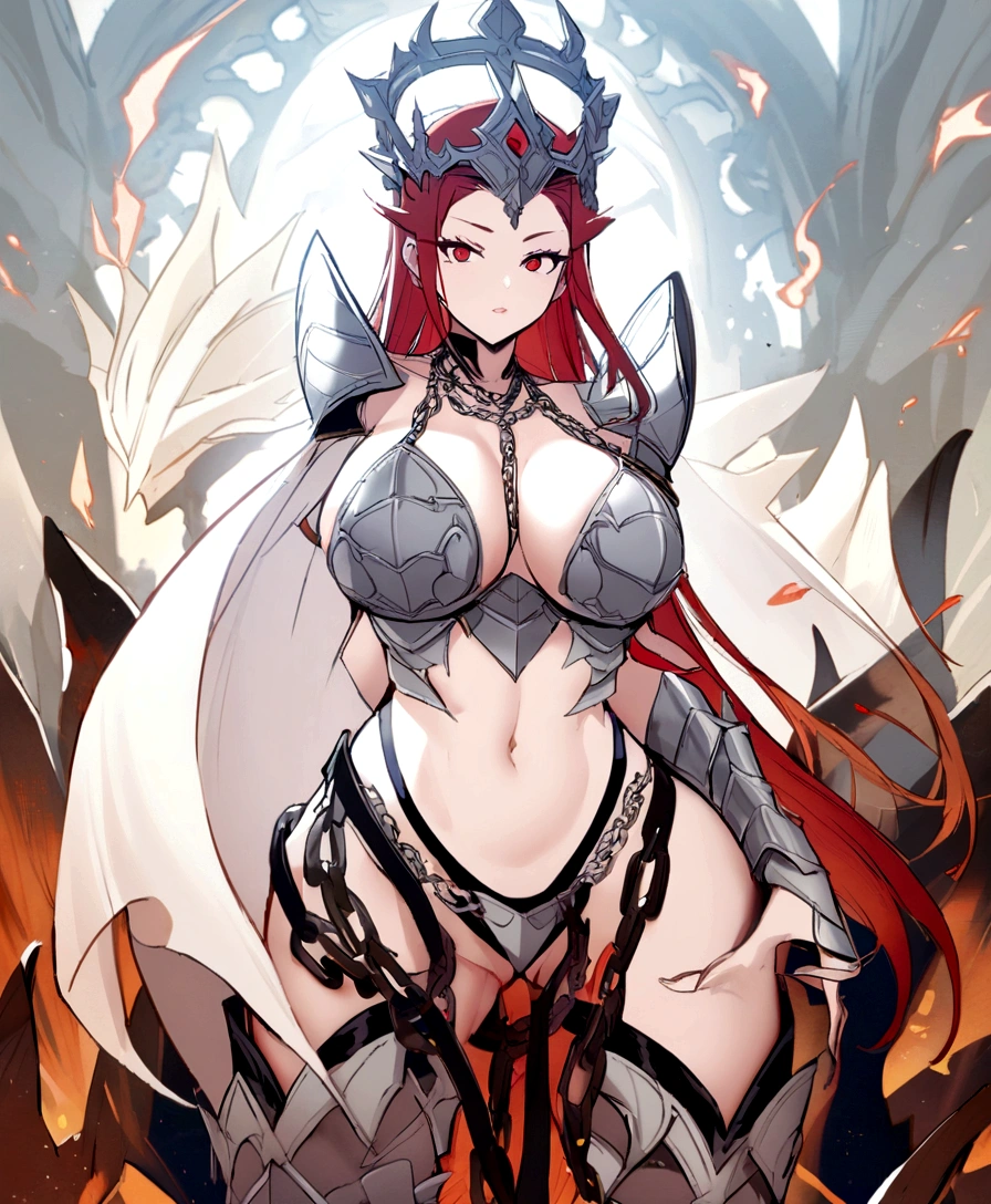 Chain bikini armor, chain crown, bare belly, big breasts, red hair, red eyes, godnesse of caos, godness of fire