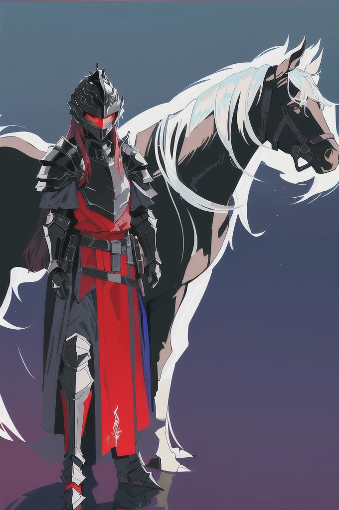 there is a drawing of a man standing next to a horse, draconic looking armor, black fire color reflected armor, black and reddish color armor, flowing robes and leather armor, silver armor and red clothing, face hidden by helmet armor