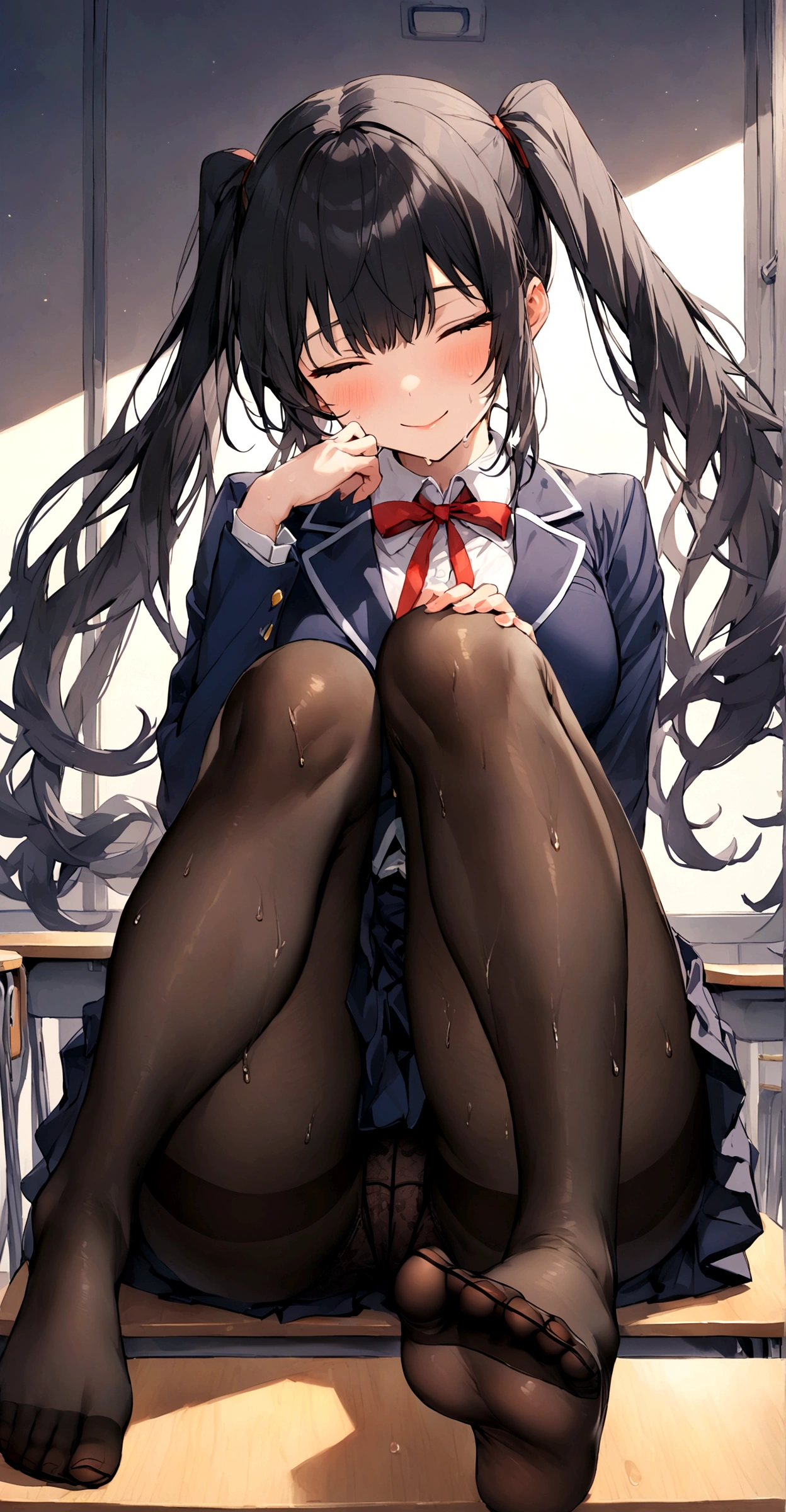 high school girl、One girl in a mini skirt, Spread your legs wide、Looking down at the viewer, Twin tails, Highest quality, Focus on the thighs,, smile, blazer, blouse, Black Pantyhose, panties under pantyhose, , classroom, Black Hair,My thighs are steaming between the legs 、Sweaty pantyhose、My feet are stuffy、Stomp on a sleeping man&#39;s face