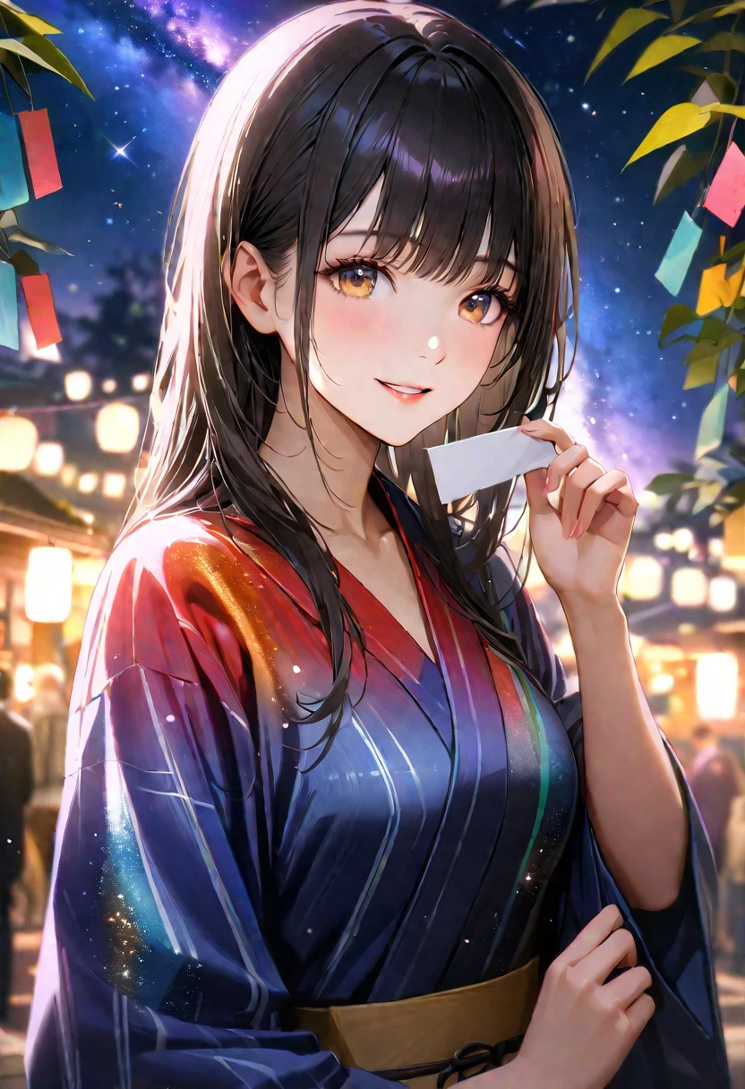 Tanabata,night, milky way,Yukata, Hold a paper strip in one hand,Looking at the sky,Blur the background,high school girl,smile,Glitter effect,Highest quality, 8K, High resolution, masterpiece:1.2, Very detailed, Realistic:1.37, High resolution, 超High resolution, Ultra-fine painting, Very detailed, Professional, Vibrant colors