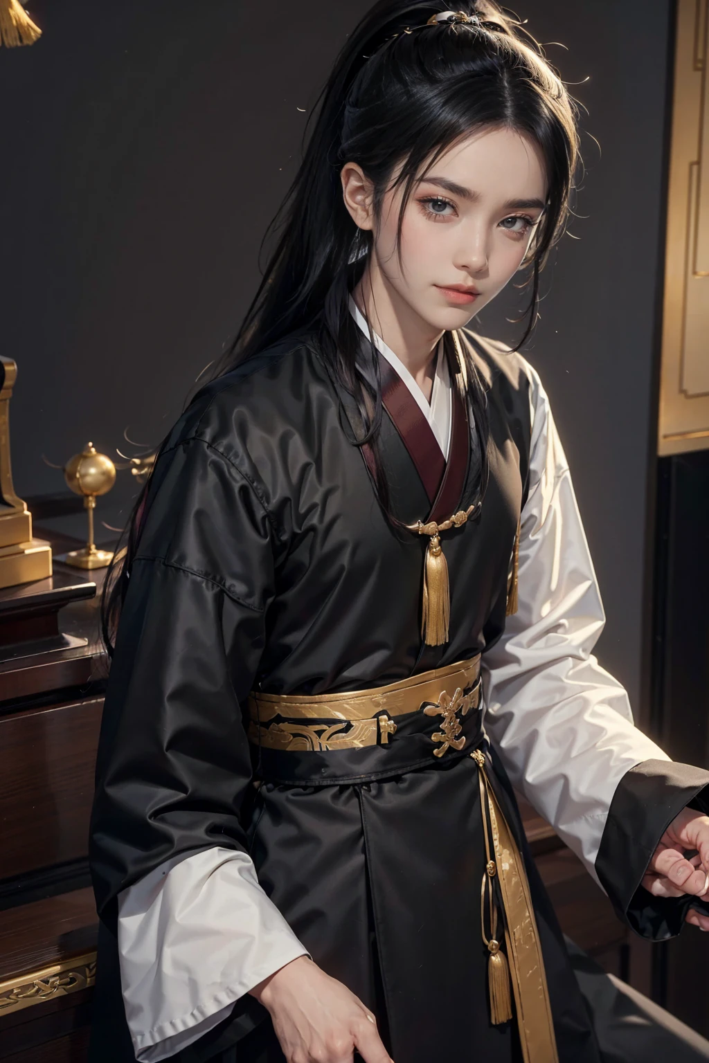 Best quality at best,A high resolution,The image is clear:1.2，A man in a black Hanfu，ssmile，Long black hair and high ponytail，Chinese style inside in room decoration，inside in room，luxurious furniture，Chinese royalty，