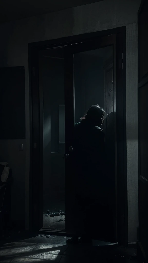 a mysterious door being violently knocked, creating a tense atmosphere, dramatic lighting, dark shadows, cinematic camera angle, moody colors, atmospheric mist, haunting presence, unsettling tension, photorealistic, highly detailed, 8k, masterpiece