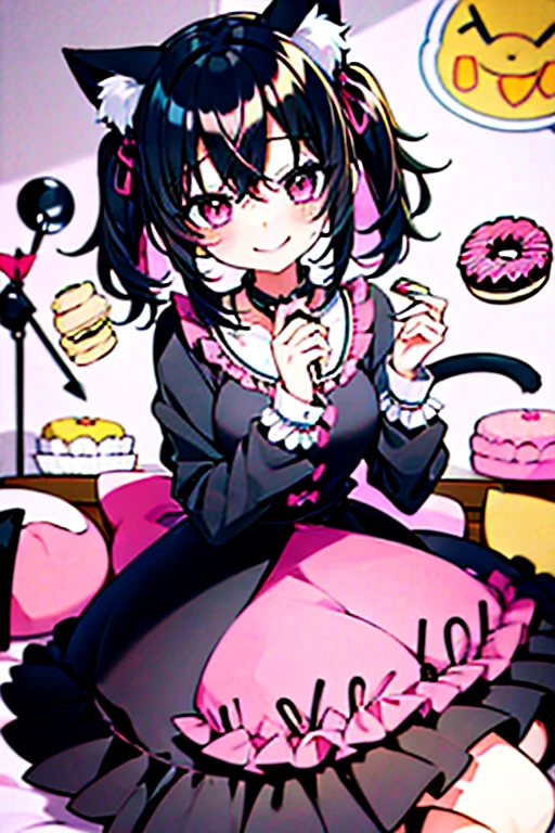 One girl,Black Hair,Cat ear,Long skirt,pink_eye,My Room,A very happy smile,Very happy and adorable expression,cake,Macaroons,donut,cookie,cute,sweet,fluffy,Pinch,eat