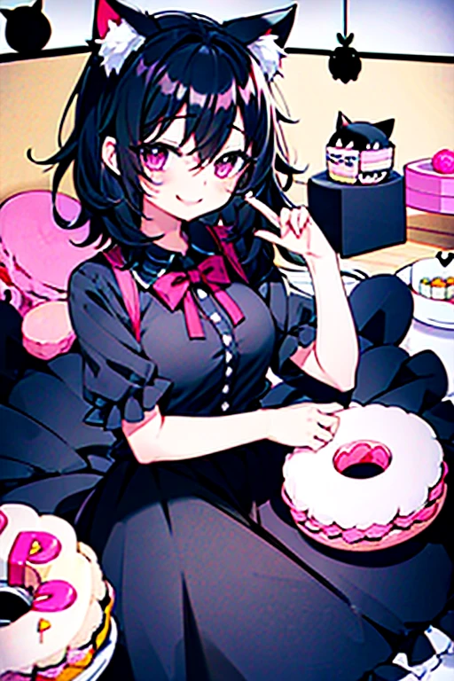 One girl,Black Hair,Cat ear,Long skirt,pink_eye,My Room,A very happy smile,Very happy and adorable expression,cake,Macaroons,donut,cookie,cute,sweet,fluffy,Pinch,eat