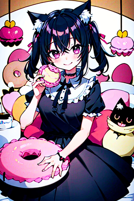 One girl,Black Hair,Cat ear,Long skirt,pink_eye,My Room,A very happy smile,Very happy and adorable expression,cake,Macaroons,donut,cookie,cute,sweet,fluffy,Pinch,eat