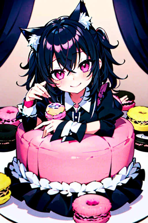 One girl,Black Hair,Cat ear,Long skirt,pink_eye,My Room,A very happy smile,Very happy and adorable expression,cake,Macaroons,donut,cookie,cute,sweet,fluffy,Pinch,eat