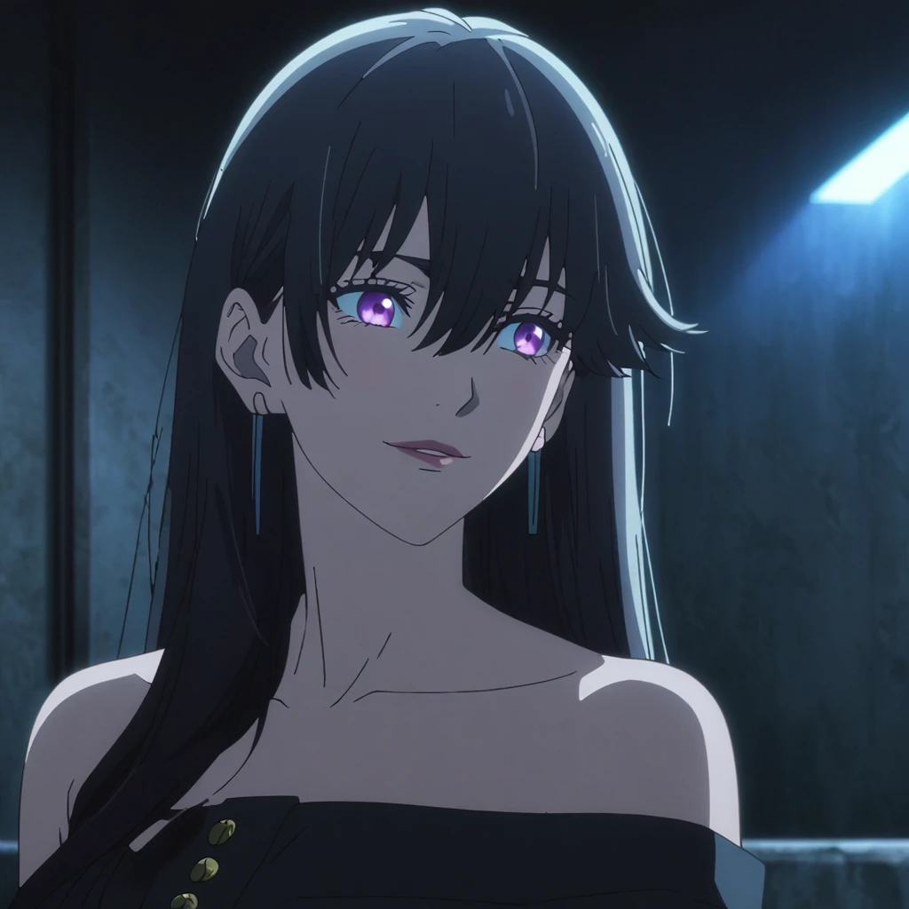 1girl, female gojo satoru, anime screencap from jujutsu kaisen, gojo satoru female version, solo, long_hair, purple eyes (black_hair)), night view, (hanging breasts) upper_body, smile, indoors, book, purple_eyes, lips, ((wearing black colour clothes with button, bare shoulder)) breast, "very detailed and high resolution" (purple eyes) (cross arms) ((long hair, hair between eyes)) ((solo)) (front view) (earings) ((high resolution)) ((good quality)) ((side bangs))