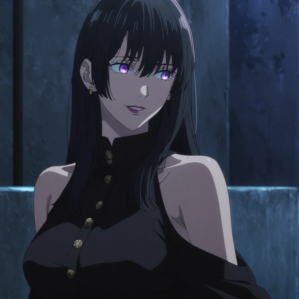 1girl, female gojo satoru, anime screencap from jujutsu kaisen, gojo satoru female version, solo, long_hair, purple eyes (black_hair)), night view, (hanging breasts) upper_body, smile, indoors, book, purple_eyes, lips, ((wearing black colour clothes with button, bare shoulder)) breast, "very detailed and high resolution" (purple eyes) (cross arms)  ((long hair, hair between eyes)) ((solo)) (front view) (earings) ((high resolution)) ((good quality)) ((side bangs))