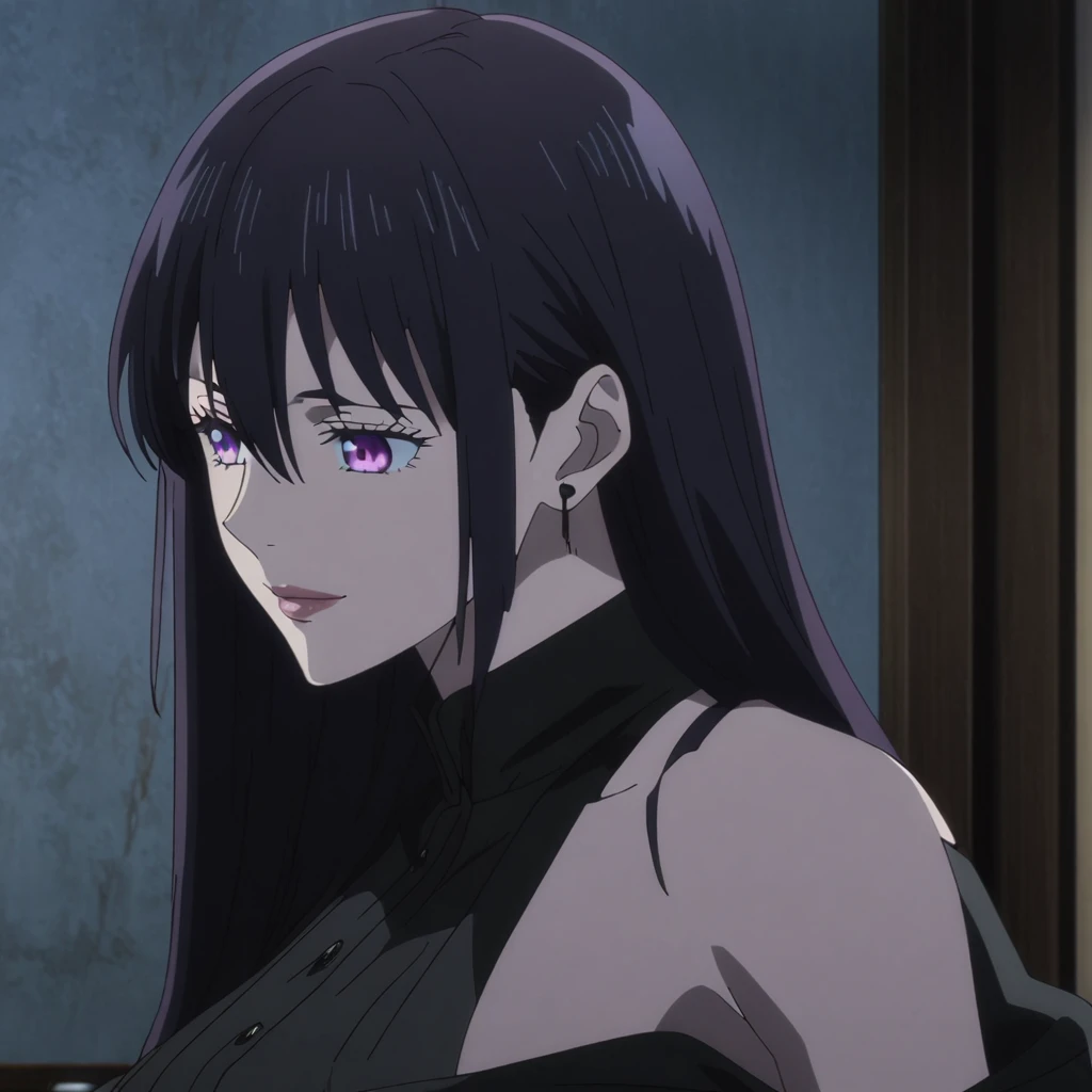 1girl, female gojo satoru, anime screencap from jujutsu kaisen, gojo satoru female version, solo, long_hair, purple eyes (black_hair)), night view, (hanging breasts) upper_body, smile, indoors, book, purple_eyes, lips, ((wearing black colour clothes with button, bare shoulder)) breast, "very detailed and high resolution" (purple eyes) (cross arms)  ((long hair, hair between eyes)) ((solo)) (front view) (earings) ((high resolution)) ((good quality)) ((side bangs))