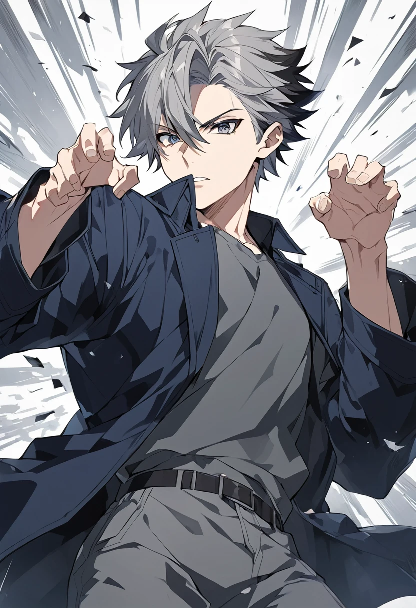 male, Anime Style, 2D, young, Gray Hair, Dark blue coat, Dark grey pants, Sword Pose, High resolution
