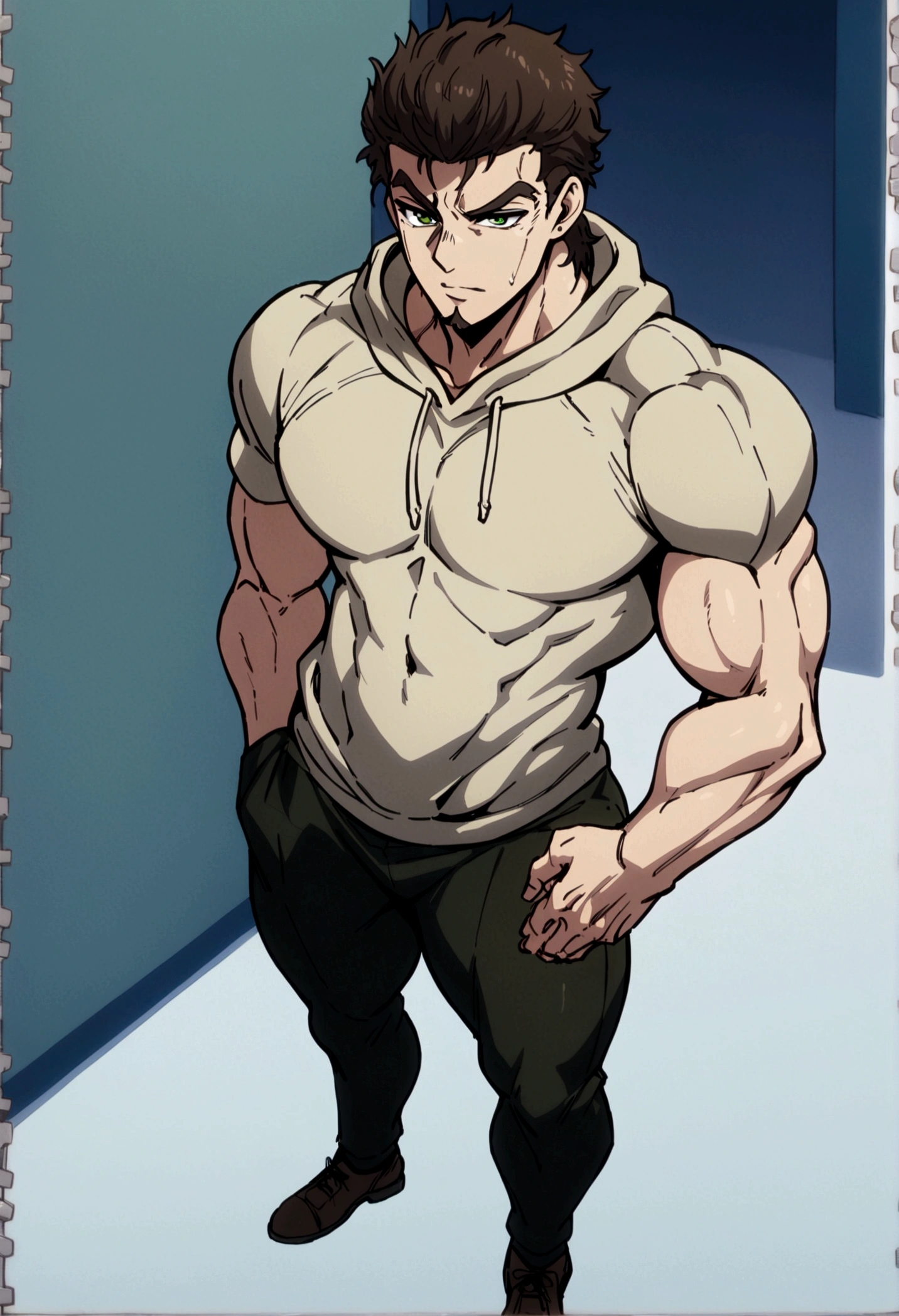 fullbody,masterpiece,standing,light brown hoodie,dark brown unruly short hair,green eyes, bangs,adult,1boy,solo,light stuble,slight beard,slim,muscular