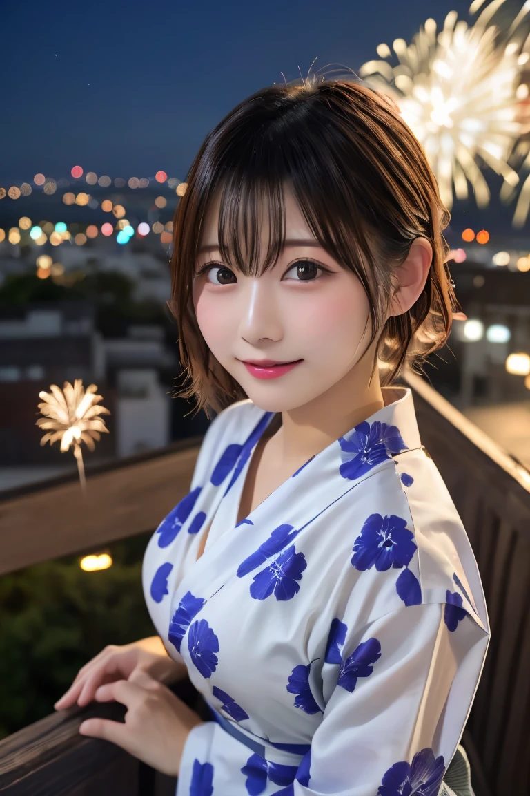 Highest quality, (beautiful)、yukata、night店、night、Fireworks、festival、Soft boobs、Big 、Shoot from above