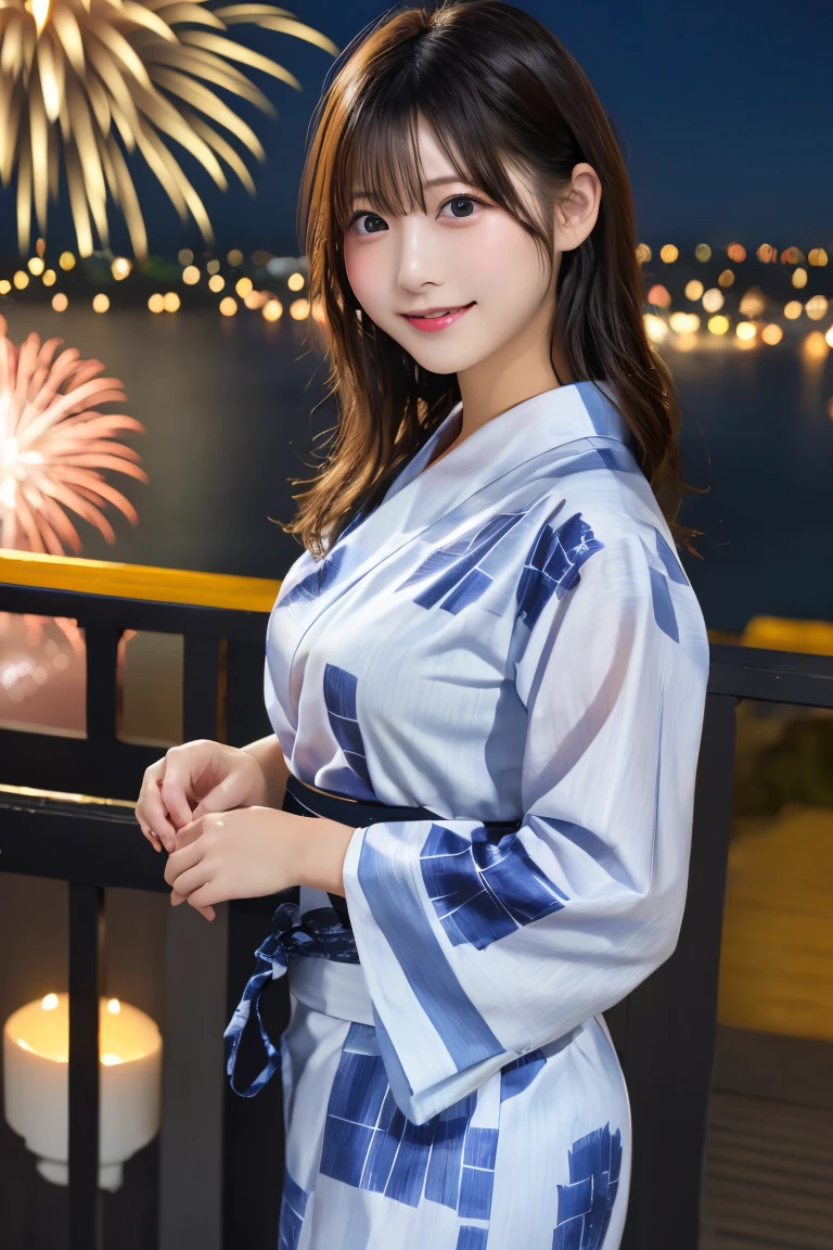 Highest quality, (beautiful)、yukata、night店、night、Fireworks、festival、Soft boobs、Big 、Shoot from above