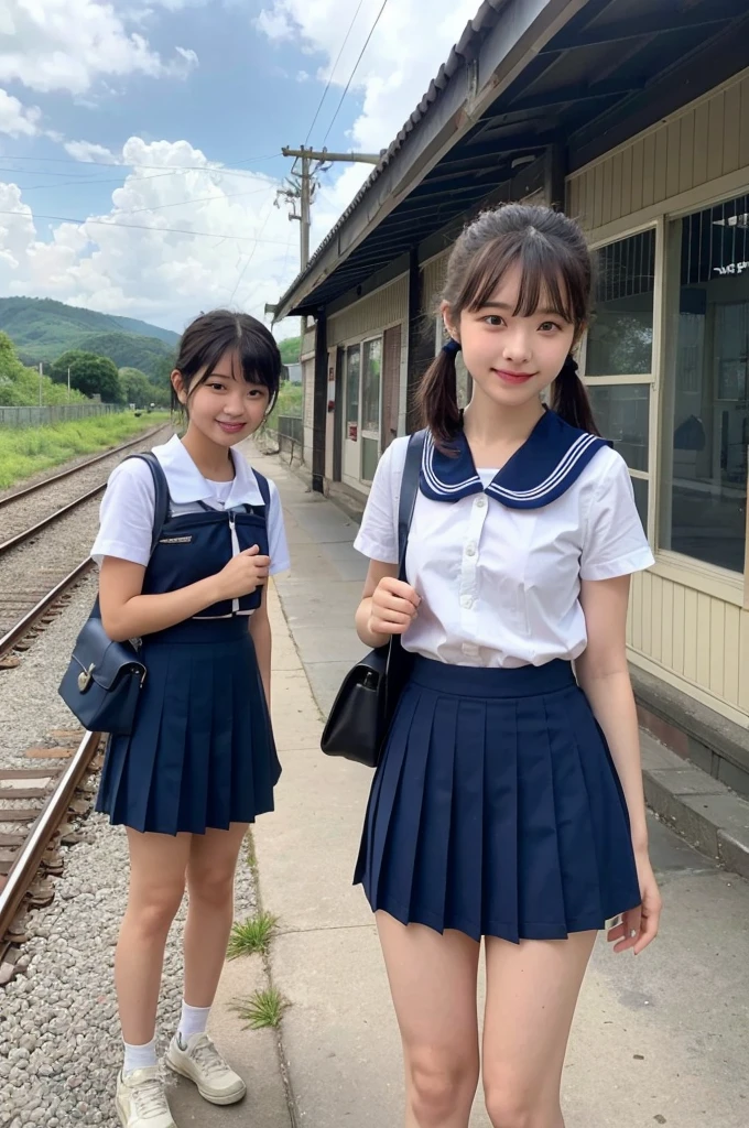 girls in rural railway station,train on far side,cumulonimbus cloud in summer sky,short-sleeved white shirt with sailor collar,navy blue pleated skirt,school bag,18-year-old,bangs,a little smile,thighs,knees,short hair with low pigtails bunches,from beside,front light