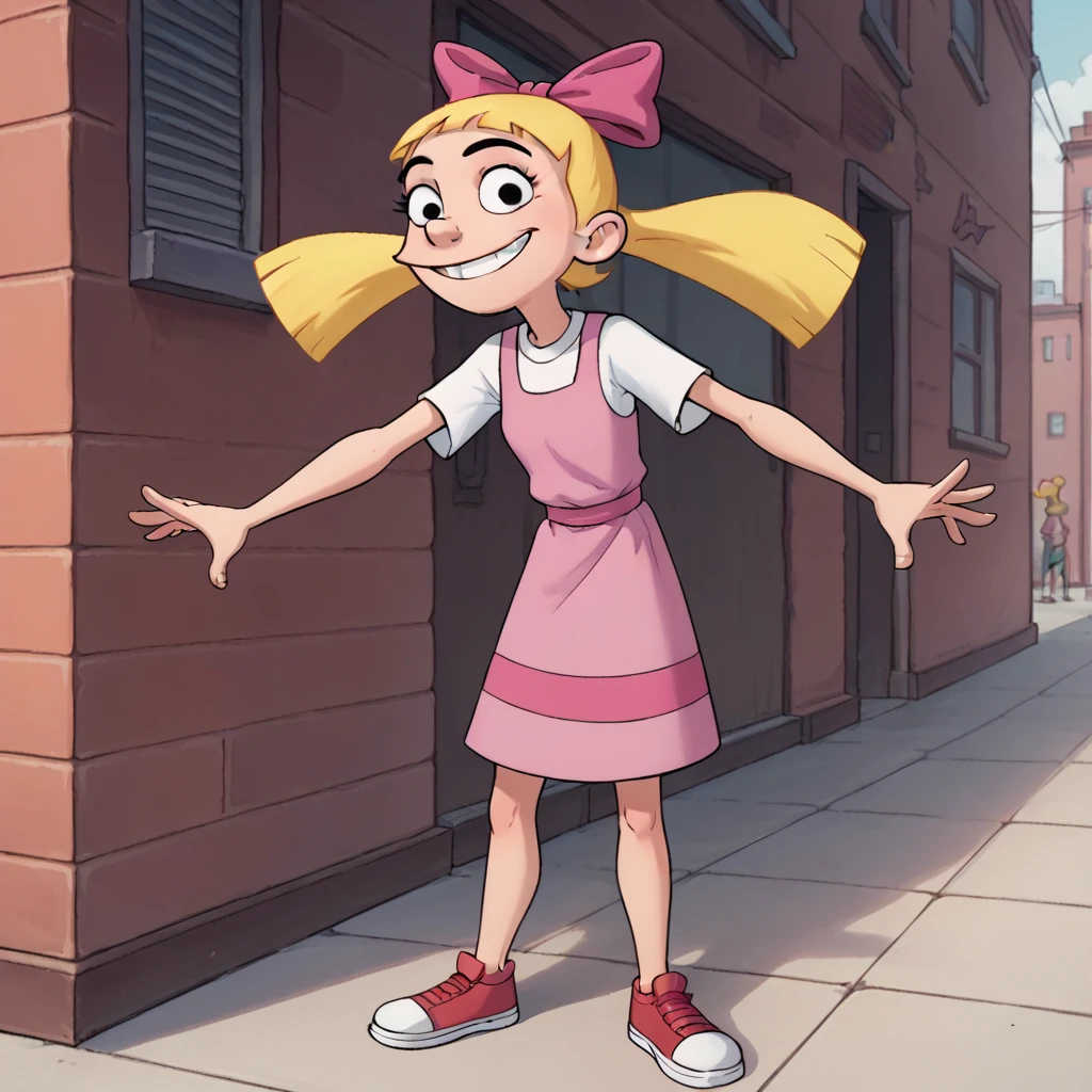 Helga, 1girl, solo, blonde hair, hair bow, pink dress, monobrow, black eyes,smile,  floating hair, twintails, style parody, white background, sneakers,city, looking at viewer,  standing score_9, score_8_up, score_7_up, score_6_up 