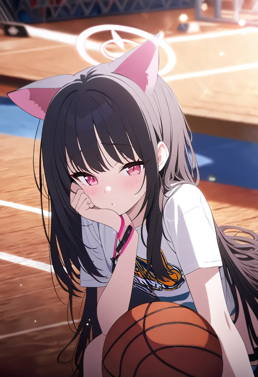 (8K, best quality, masterpiece:1.2), (Practical, photo-Practical:1.37), Extremely detailed,best quality, Ultra-high resolution, Professional lighting, Photon Mapping, Radiosity, Physically Based Rendering, light, Basketball Court,Depth of Field, Clear focus,Sunlight, Good composition,(Bokeh:1.2) 1 Girl,Solitary,(whole body), (Shut up),Beautiful and delicate eyes, posture, Willow Waist,Basketball clothes, Black Hair,Messy hair,Long hair fluttering in the wind,(ulzzang-6500:1.2), Mix 4, High body,kazusa (band) (blue archive)