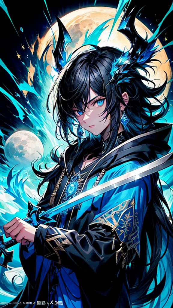 (masterpiece:1.2、highest quality), (Exquisite eyes: 1.2), (Detailed Background、Dark fantasy), (beauty detailed face), High Contrast, (Best lighting、Very delicate and beauty), ((Cinema Lighting) )), colorful, Hyper Detail, Dramatic Light, Intricate details, (1 teen boy, scruffy black hair, bangs, Blue eyes, moon, dark night, long earrings, black hoodie, blue demon horns, blue great sword on the back, looking at viewer, upper body), Black light swirling around the character, Depth of written boundary, black light particles, Nightcore, Spectacular anime style, zerochan art, Anime Wallpaper, Burning, High quality anime art style, Key Anime Art