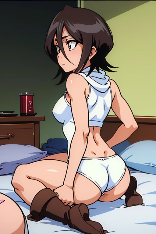 tennis girl's massive rear butt cheeks out of bottomless slutty mini sweater out bare and brown boots, showing her butt, lying down, on bed, wearing oven mittens under big pillow, blindfold