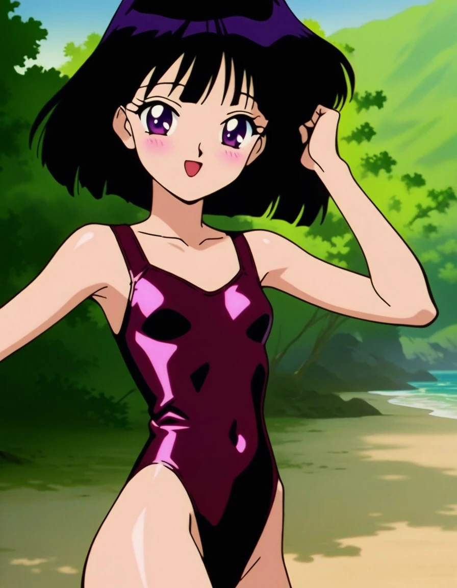 masterpiece, best quality, very aesthetic, absurdres, Sailor Saturn XL, 1990s \(style\), anime artwork, anime style, perfect face, perfect composition, moist skin, intricate details, beautiful eyes, vibrant colors, BREAK 1girl, solo, teen, short hair, black hair, purple eyes, small breasts, skinny, swimsuit, highleg, shiny clothing, BREAK smile, blush, open mouth, sexy pose, outdoors, beach, wind,