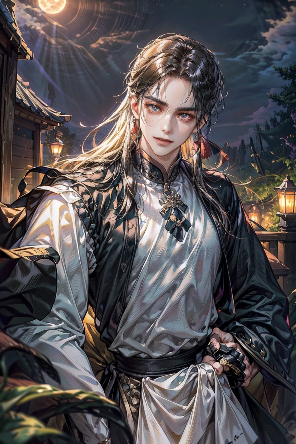 (Best quality,A high resolution,The image is clear:1.2),Ultra detailed backgrounds,A man in black holding a sword，ssmile，the only person，wind blowing through，Garden scene,under moonlight,waterfall man，Romantic atmosphere,Dutch Angle Shot,gentlesoftlighting,Hats，Upper part of the body，Chinese style buildings，samurai pose，model hands，