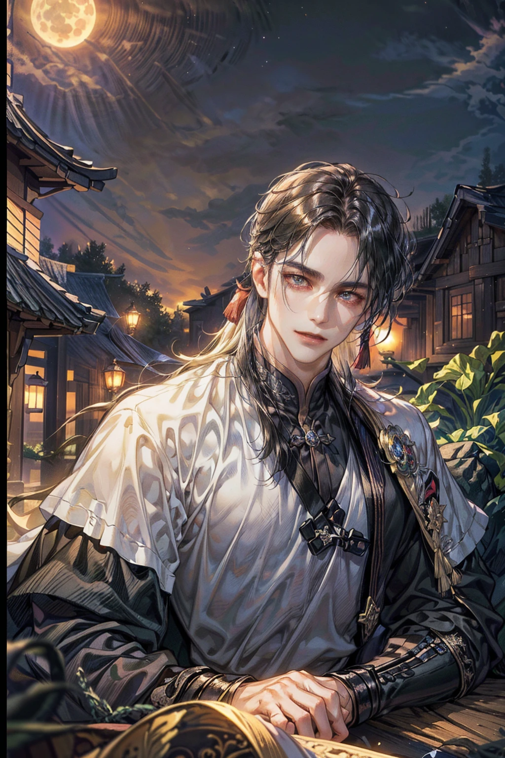 (Best quality,A high resolution,The image is clear:1.2),Ultra detailed backgrounds,A man in black holding a sword，ssmile，the only person，wind blowing through，Garden scene,under moonlight,waterfall man，Romantic atmosphere,Dutch Angle Shot,gentlesoftlighting,Hats，Upper part of the body，Chinese style buildings，samurai pose，model hands，