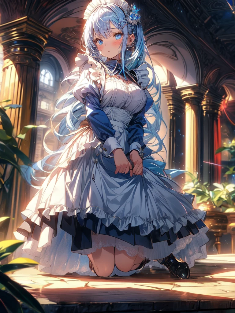 a beautiful girl with long white hair, piercing blue eyes, detailed face, detailed eyes, maid outfit, maid dress, maid stockings, mansion in background, full body view, front view, extremely detailed,8k,highly detailed,masterpiece,