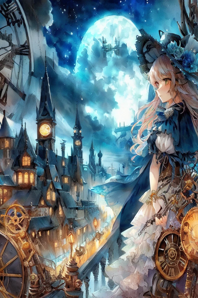 anime girl in a hat and dress standing in front of a clock tower, anime fantasy artwork, anime fantasy illustration, mechanized witch girl, steampunk beautiful anime woman, detailed key anime art, beautiful fantasy anime, hd anime wallaper, dreampunk romanticism artwork, anime art wallpaper 4k, anime art wallpaper 4 k, intricate ornate anime cgi style, detailed steampunk illustration