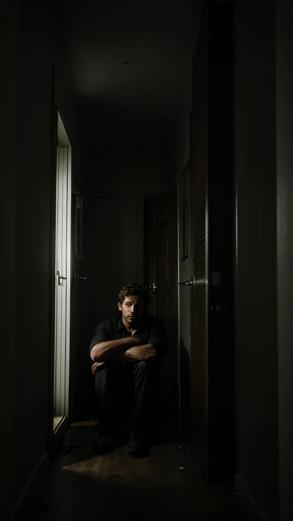A man sitting in a dark room, with an expression of fear and anxiety, hearing strange noises