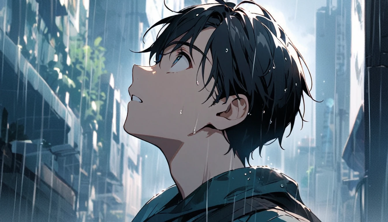 Young man looking up at the sky in the rain, black hair