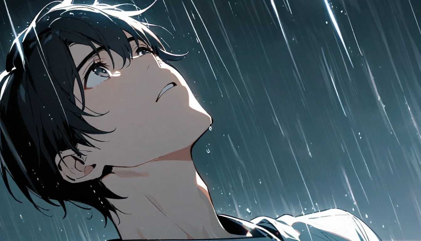 Young man looking up at the sky in the rain, black hair