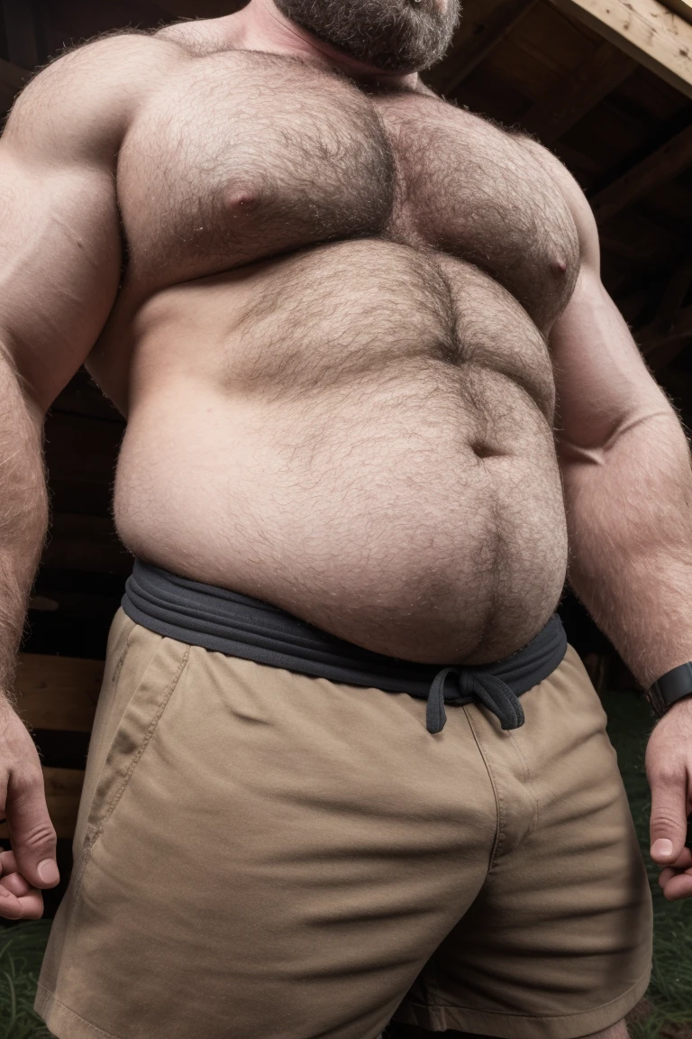 8K HIGH RESOLUTION HDR Very Extremely Realistic Very Detailed High Quality Create a professional studio-style 8K HDR Very Real photograph featuring a middle-aged daddy rugged bodybuilder muscle bears man , burly, very realy detailed hairy, 8K very realistic beared big daddy muscle bear,  and 8K very realistic detailed rugged burly man in shorts. Very Realistic detailed shorts, very realistic hair, very realistic beards, very realistic thick chubby fat neck, very realistic neck lines, very realistic detailed neck, very realistic belly, very realistic burly chest, very realistic detailed hairy burly strong chest and arms, very realistic detailed hairy burly strong chest and arms, very realistic pecs, very realistic burly muscle bear body, very realistic nipples, very realistic burly muscle bear body, very realistic face, very realistic detailed face, very realistic eyes, very realistic detailed eyes, very realistic pupils, very realistic detailed pupils, very realistic head, very realistic waist, very realistic facial features, very realistic burly arms, very realistic elbows, very realistic hands, very realistic pecs, very realistic belly, very realistic human man body, very realistic bellybutton, very realistic wrists, very realistic fingers, very realistic fingernails, very realistic shoulders, very realistic mouth, very realistic lips, very realistic mens clothing, very realistic detailed mens clothing. 8K HDR Very Realistic Hairy Bearded Burly Muscle bear Photoshoot, A very realistic burly muscle bear man in a Farm,  8K HDR Very Realistic Intricately Detailed, 8K HDR very realistic detailed Farm surroundings, 8K HDR very realistic surroundings lighting, No Deformities, captured with a 85mm lens by a world famous photographer, 8K HDR Very Ultra Realistic and 8K HDR Very Realistic Photograph, 8K HDR Clear HDR Quality full with very realistic real details 