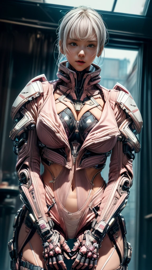 (nsfw:1.1)、Very beautiful woman、((Too much exposed skin))、Slender women、(Detailed face)、Realistic Skin、((Delicate photo)),(Girl Masterpiece RAW Photo Details:1.25), (Highest quality:1.6), (Ultra-high resolution:1.5), (Realistic:1.75), 8K resolution, Canon EOS R5, 50mm, Absurd, Ultra-detailed,Cinema Lighting、One girl, White hair,((hime_cut))、Smile、 Window Shades,((Ultra tight pink jacket coat)), Chest Rig, cyber punk, ((Techwear)),I can see your abs、Bra Top、((Big Breasts))、((The abdomen is visible))、(((Ultra-delicate and futuristic design)))、Biting into the crotch、((logo))、((Text on clothing))、((Micro Size Underwear))、((With futuristic weapons))、(((Giant Gauntlet)))、(((asymmetrical bangessy hair))