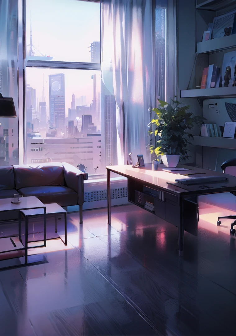 office,  The office of the future, futuristic design, large desk, wall with paintings and diplomas, Glossy floor, hlLarge spacious windows, outside the window you can see a futuristic city with multi-story office buildings, starships fly,  16 thousand. ue5. Ultra slim, 8 k, HDR, product photography, depth of field, Nikon D850, Ultra realistic, no contrast, pure sharp focus, professional, There is no blur, Bright office, Light shades, view from the floor, even more modern, office from the future, luxurious executive office 