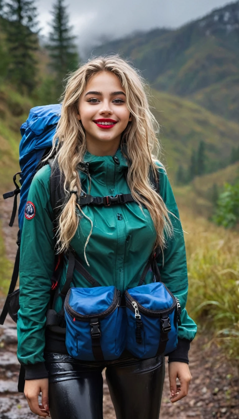 ultrarealistic high quality fullbody photo of a beautiful busty slim european 19-year-old mwoman with cute hyperdetailed shy face and dyed platin blonde long messy hair and happy face, realistic round hazel eyes, red lips, dark eye makeup with eyeliner, wearing soaking wet outdoor hiking outfit with backpack, hourglass body, outdoor shooting on a lost place with heavy rain