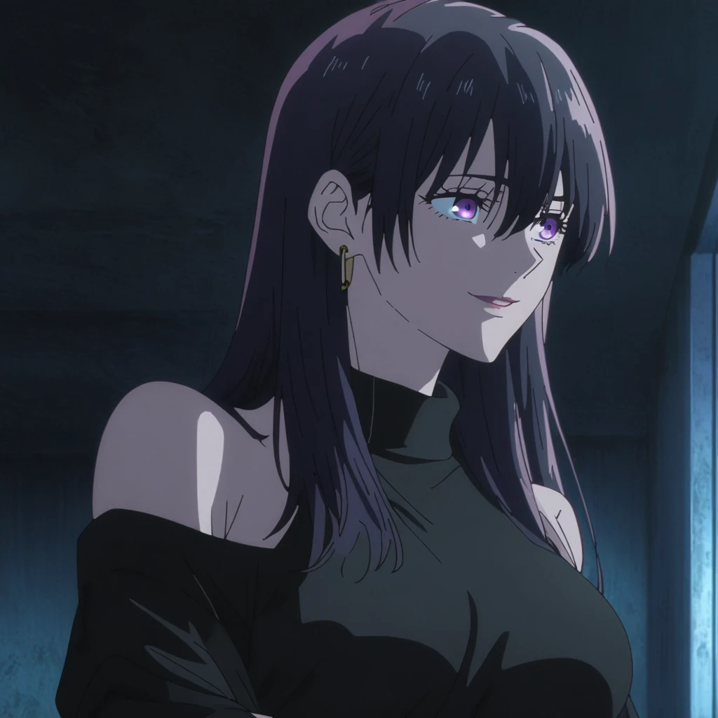1girl, female gojo satoru, anime screencap from jujutsu kaisen, gojo satoru female version, solo, long_hair, purple eyes (black_hair)), night view, (hanging breasts) upper_body, smile, indoors, book, purple_eyes, lips, ((wearing black colour sweater, bare shoulder)) breast, "very detailed and high resolution" (purple eyes) (cross arms) ((long hair, hair between eyes)) ((solo)) (front view) (earings) ((high resolution)) ((good quality)) ((side bangs))